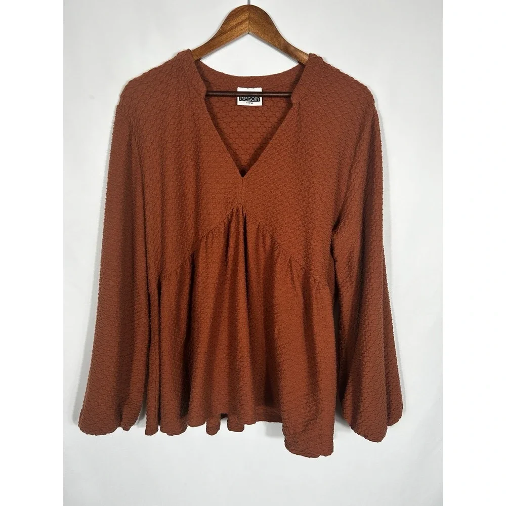 Y2K Babydoll Tunic Top Size XL Boho Peasant Puff Sleeve Burnt Orange Waffle Knit